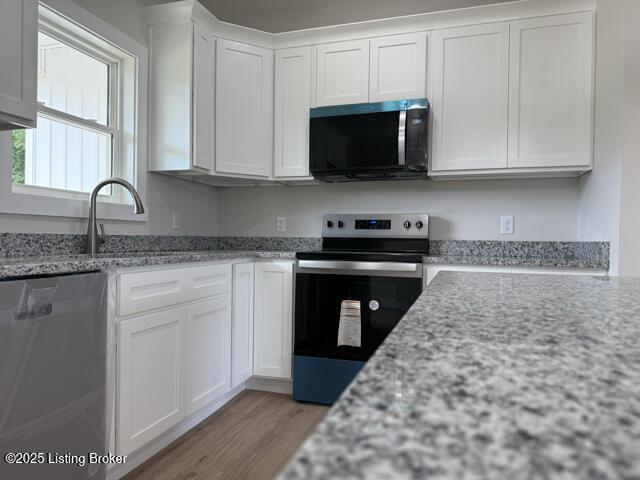 49 Roy Rd, Eastview, KY 42732 - kitchen with appliances with stainless steel finishes, white cabinetry, light wood-type flooring, a sink, and light stone countertops