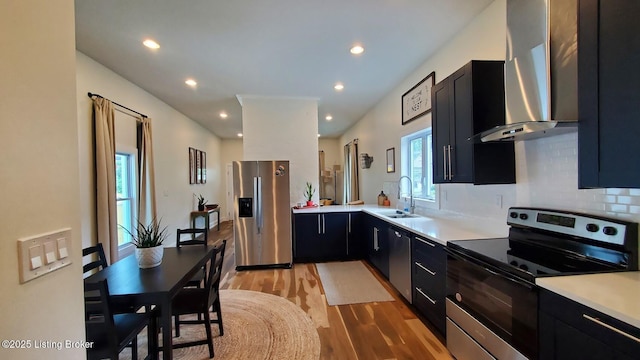 621 E Kentucky St, Louisville, KY 40203 - kitchen featuring appliances with stainless steel finishes, wall chimney exhaust hood, a sink, dark cabinetry, and light countertops