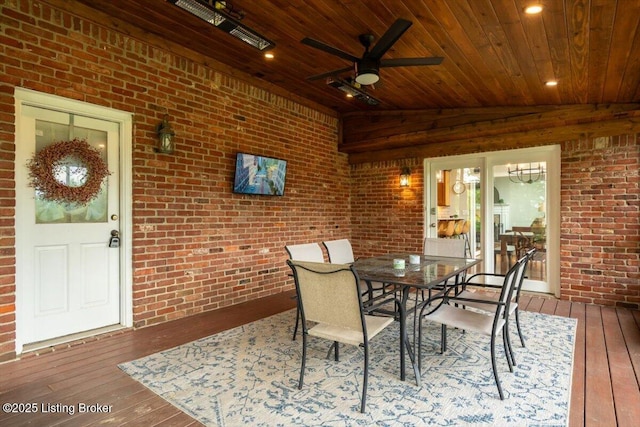 10801 Little Pond Rd, Goshen, KY 40026 - dining room featuring wood ceiling, hardwood / wood-style flooring, brick wall, ceiling fan, and vaulted ceiling