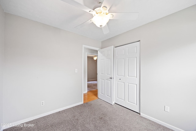 265 N Steedland Dr, Shepherdsville, KY 40229 - unfurnished bedroom with carpet flooring, baseboards, a closet, and a ceiling fan