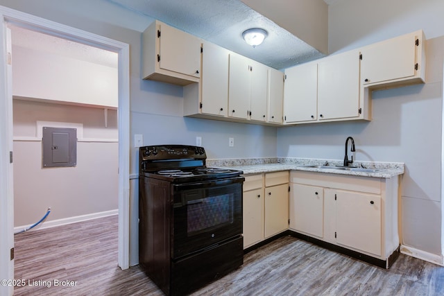 13500 Greystone Ave, Louisville, KY 40272 - kitchen with electric range, electric panel, light wood-style flooring, and light countertops