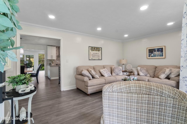 4328 Dohn Ave, Louisville, KY 40216 - living area with dark wood-type flooring, ornamental molding, recessed lighting, and baseboards