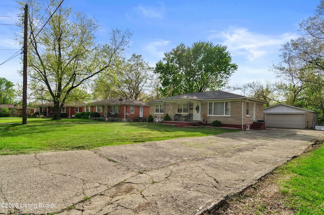 4328 Dohn Ave, Louisville, KY 40216 - ranch-style home with an outbuilding, a front lawn, a garage, and brick siding