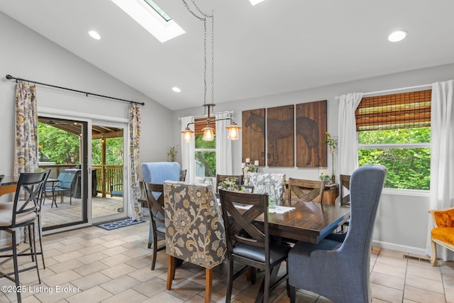 11805 Cedardale Rd, Anchorage, KY 40223 - dining area with a skylight, light tile patterned flooring, recessed lighting, and vaulted ceiling