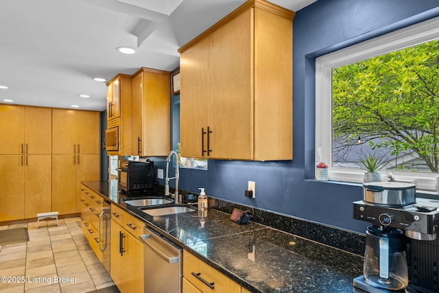 11805 Cedardale Rd, Anchorage, KY 40223 - kitchen with a sink, appliances with stainless steel finishes, dark stone countertops, recessed lighting, and light tile patterned flooring