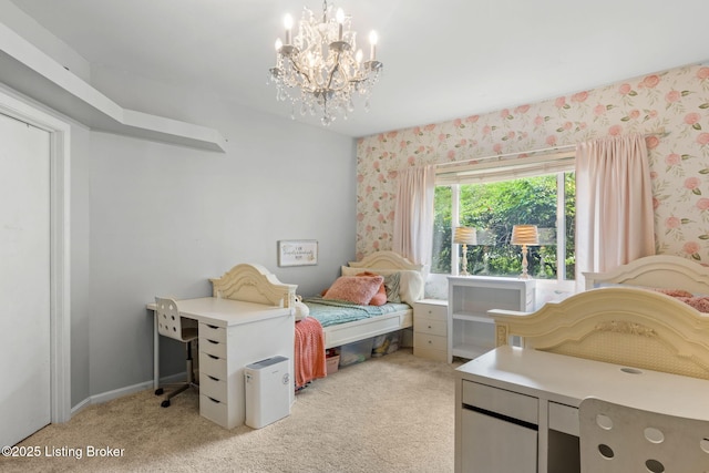 11805 Cedardale Rd, Anchorage, KY 40223 - bedroom featuring light carpet, a chandelier, wallpapered walls, and baseboards