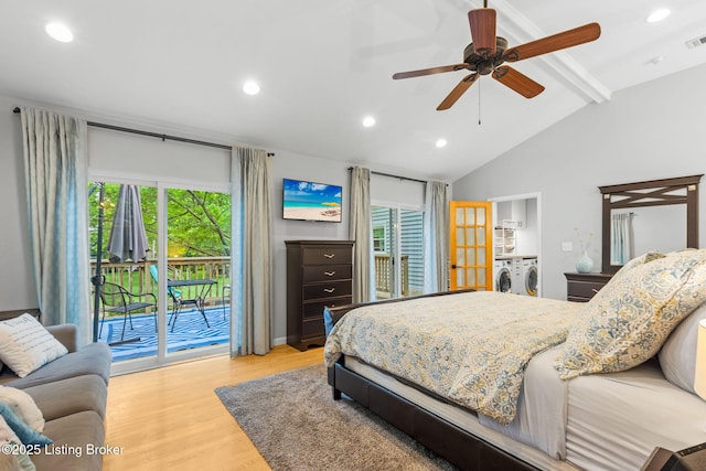 11805 Cedardale Rd, Anchorage, KY 40223 - bedroom featuring independent washer and dryer, access to outside, wood finished floors, recessed lighting, and a ceiling fan