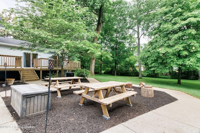 11805 Cedardale Rd, Anchorage, KY 40223 - view of patio featuring a fire pit, a wooden deck, and stairs