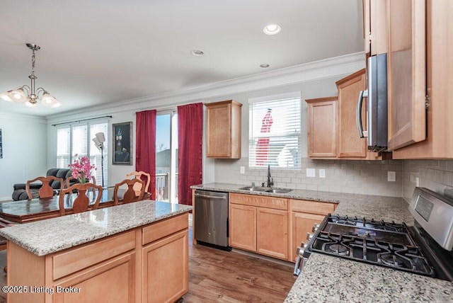 9006 Big Boulder Dr, Louisville, KY 40291 - kitchen featuring stainless steel appliances, a sink, crown molding, light brown cabinets, and healthy amount of natural light