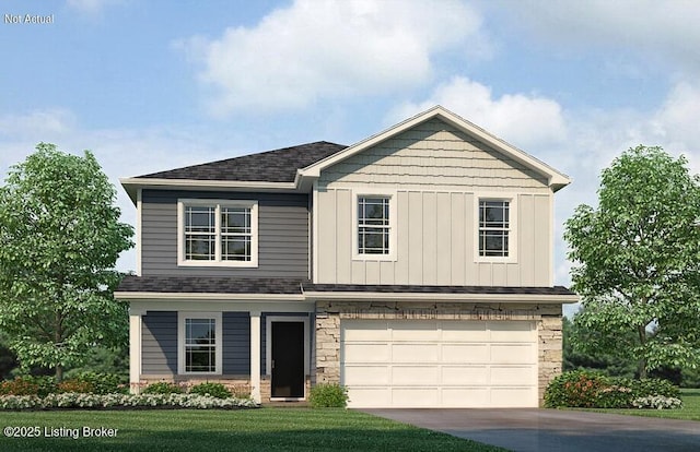 11040 Pheasant Hill Cir, Louisville, KY 40229 - view of front of home featuring concrete driveway, an attached garage, a shingled roof, stone siding, and a front yard