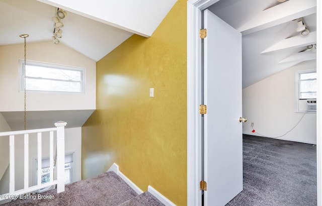 1031 Thruston Ave, Louisville, KY 40217 - stairway featuring vaulted ceiling, track lighting, carpet floors, and baseboards
