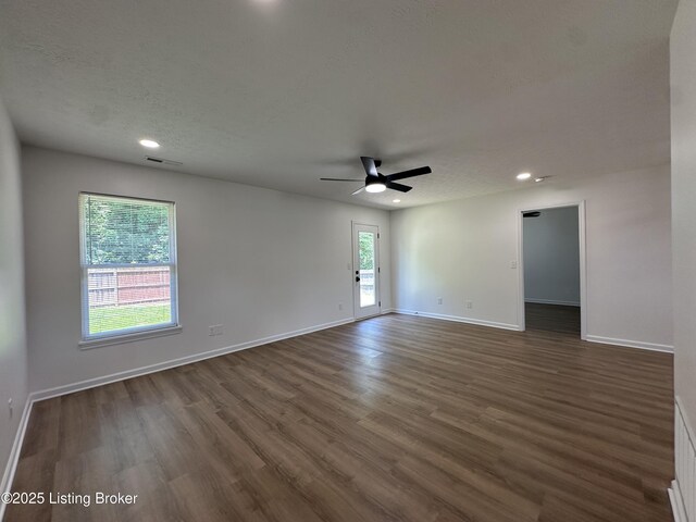 1129 Willow Oak Ln, La Grange, KY 40031 - unfurnished room with dark wood-style flooring, a ceiling fan, baseboards, recessed lighting, and a textured ceiling