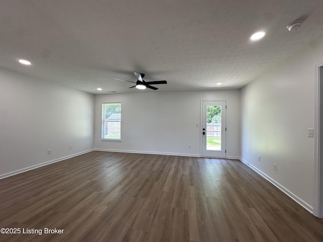 1129 Willow Oak Ln, La Grange, KY 40031 - empty room with dark wood-type flooring, a ceiling fan, recessed lighting, baseboards, and a textured ceiling