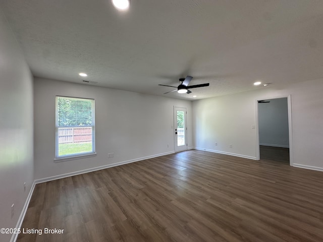 1129 Willow Oak Ln, La Grange, KY 40031 - empty room with dark wood-style flooring, baseboards, recessed lighting, ceiling fan, and a textured ceiling