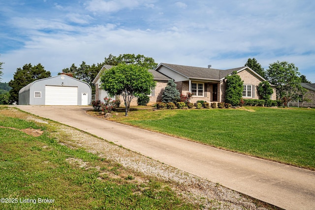 171 Williams Ct, Brooks, KY 40109 - ranch-style home featuring an outdoor structure, brick siding, driveway, a detached garage, and a front lawn