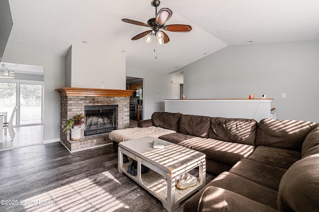 171 Williams Ct, Brooks, KY 40109 - living room featuring lofted ceiling, ceiling fan, wood finished floors, and a brick fireplace