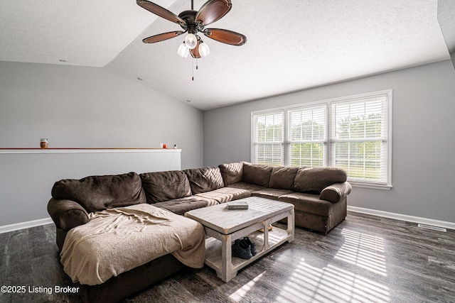 171 Williams Ct, Brooks, KY 40109 - living area featuring baseboards, a ceiling fan, wood finished floors, lofted ceiling, and a textured ceiling