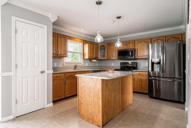 171 Williams Ct, Brooks, KY 40109 - kitchen featuring stainless steel appliances, brown cabinets, light countertops, a sink, and ornamental molding