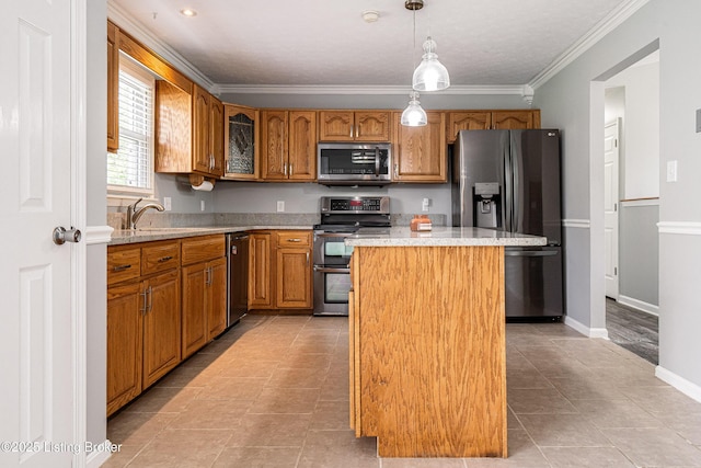 171 Williams Ct, Brooks, KY 40109 - kitchen with appliances with stainless steel finishes, a sink, a center island, brown cabinets, and ornamental molding