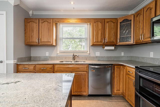 171 Williams Ct, Brooks, KY 40109 - kitchen featuring stainless steel appliances, a sink, crown molding, brown cabinetry, and light tile patterned floors