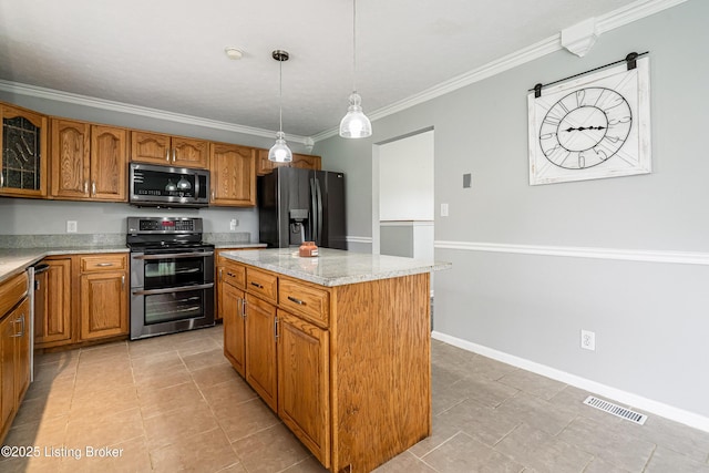 171 Williams Ct, Brooks, KY 40109 - kitchen with stainless steel appliances, ornamental molding, brown cabinetry, pendant lighting, and light tile patterned flooring