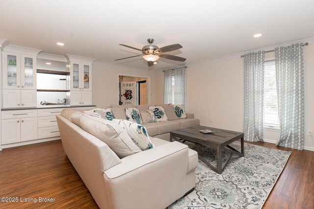 2401 Branning Rd, Thornhill, KY 40222 - living area with ceiling fan, ornamental molding, dark wood-type flooring, recessed lighting, and baseboards