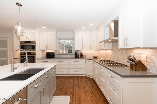 2401 Branning Rd, Thornhill, KY 40222 - kitchen with wall chimney exhaust hood, stainless steel appliances, a sink, backsplash, and ornamental molding