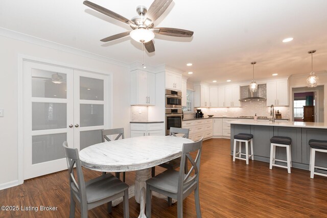 2401 Branning Rd, Thornhill, KY 40222 - dining room featuring ceiling fan, dark wood-style floors, ornamental molding, and recessed lighting
