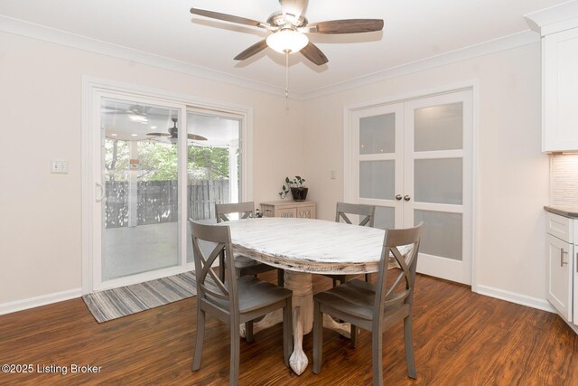 2401 Branning Rd, Thornhill, KY 40222 - dining room featuring dark wood-style flooring, ceiling fan, baseboards, and ornamental molding