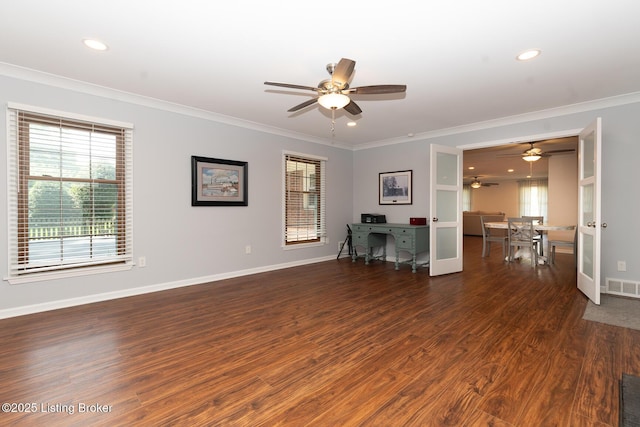 2401 Branning Rd, Thornhill, KY 40222 - unfurnished living room with a ceiling fan, wood finished floors, crown molding, baseboards, and recessed lighting