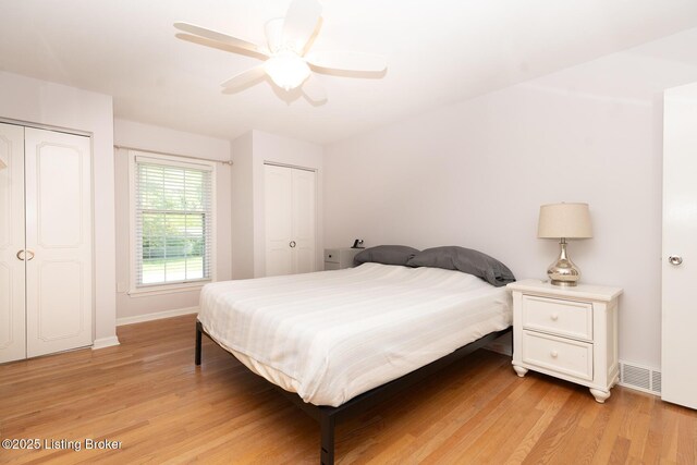 2401 Branning Rd, Thornhill, KY 40222 - bedroom featuring multiple closets, light wood finished floors, baseboards, and ceiling fan