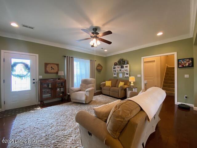 1013 Mallards Cv, Bardstown, KY 40004 - living room featuring wood finished floors, a ceiling fan, stairs, crown molding, and baseboards