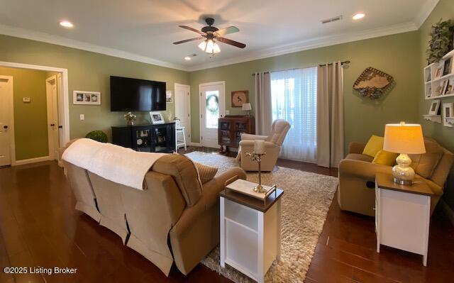 1013 Mallards Cv, Bardstown, KY 40004 - living area featuring dark wood-style floors, a ceiling fan, ornamental molding, and recessed lighting