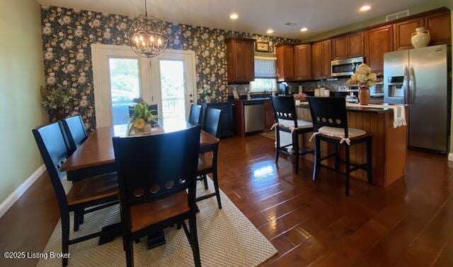 1013 Mallards Cv, Bardstown, KY 40004 - dining space featuring a chandelier, dark wood-type flooring, recessed lighting, and baseboards