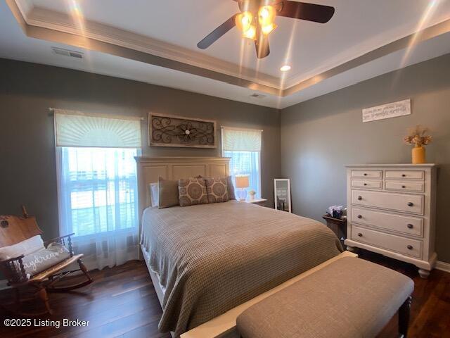 1013 Mallards Cv, Bardstown, KY 40004 - bedroom with a raised ceiling, dark wood finished floors, a ceiling fan, and recessed lighting