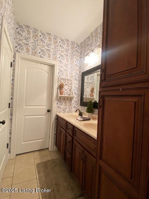 1013 Mallards Cv, Bardstown, KY 40004 - bathroom featuring wallpapered walls, tile patterned flooring, and double vanity