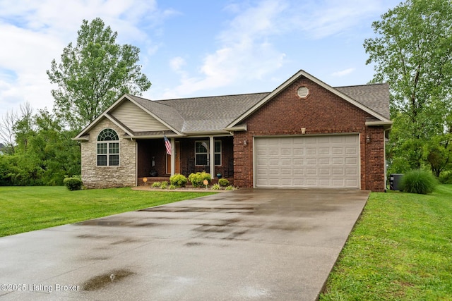 90 Chancellor Ct, Elizabethtown, KY 42701 - view of front of property featuring an attached garage, concrete driveway, a porch, a front yard, and a shingled roof