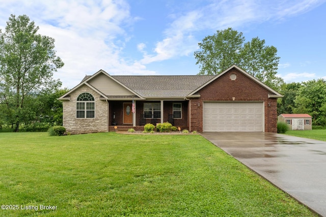 90 Chancellor Ct, Elizabethtown, KY 42701 - ranch-style house featuring a garage, concrete driveway, a front yard, roof with shingles, and brick siding