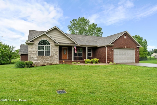 90 Chancellor Ct, Elizabethtown, KY 42701 - ranch-style house with an attached garage, concrete driveway, a front lawn, roof with shingles, and brick siding
