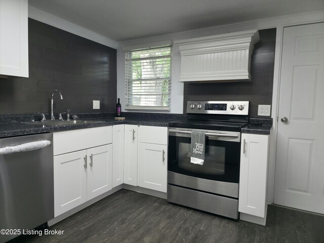 7125 Sky Blue Ave, Louisville, KY 40258 - kitchen with appliances with stainless steel finishes, a sink, dark wood-style flooring, white cabinetry, and custom range hood