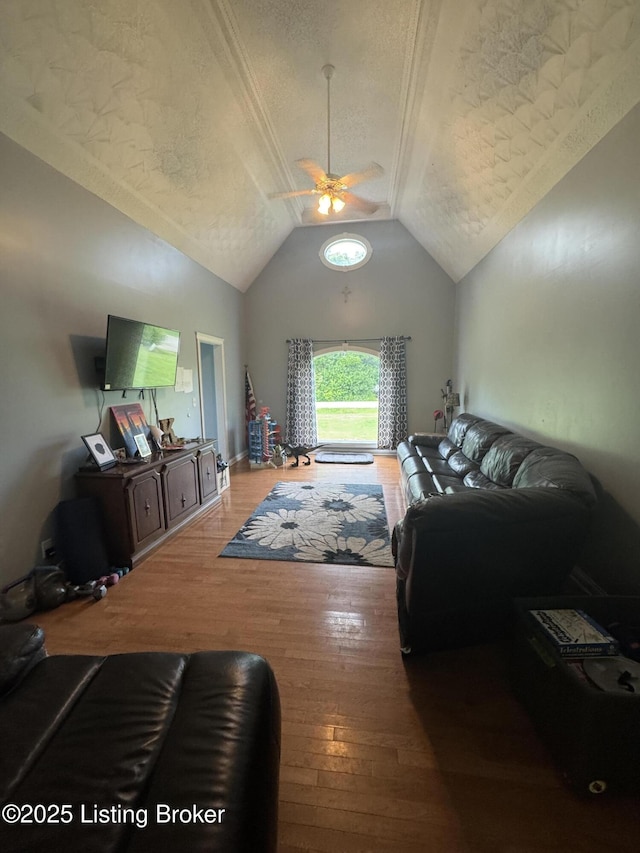 1103 Foxfire Rd, Bardstown, KY 40004 - living area featuring hardwood / wood-style floors, a textured ceiling, ceiling fan, and vaulted ceiling