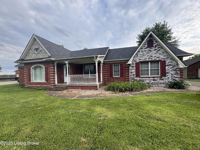 1103 Foxfire Rd, Bardstown, KY 40004 - view of front of home featuring covered porch, brick siding, a front lawn, and a shingled roof