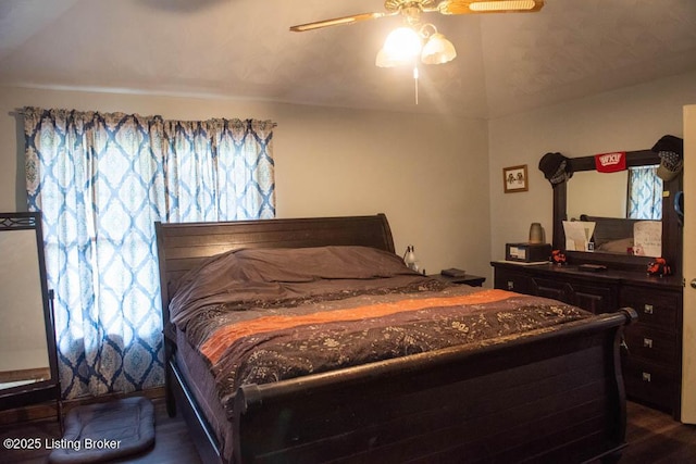 1103 Foxfire Rd, Bardstown, KY 40004 - bedroom featuring dark wood finished floors, a ceiling fan, and lofted ceiling