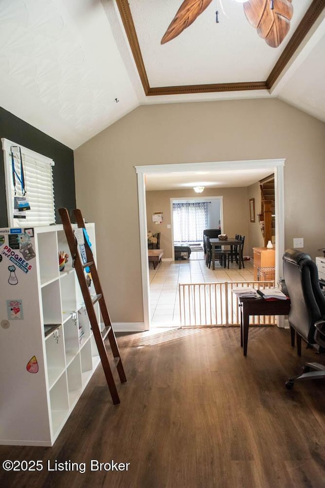 1103 Foxfire Rd, Bardstown, KY 40004 - office space featuring vaulted ceiling, wood finished floors, and a ceiling fan