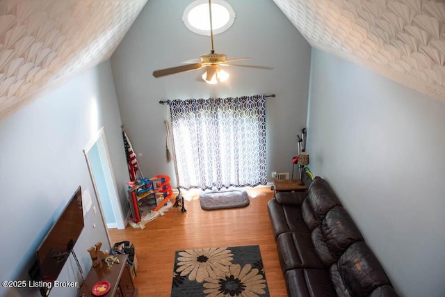 1103 Foxfire Rd, Bardstown, KY 40004 - living room featuring a ceiling fan, wood finished floors, and high vaulted ceiling