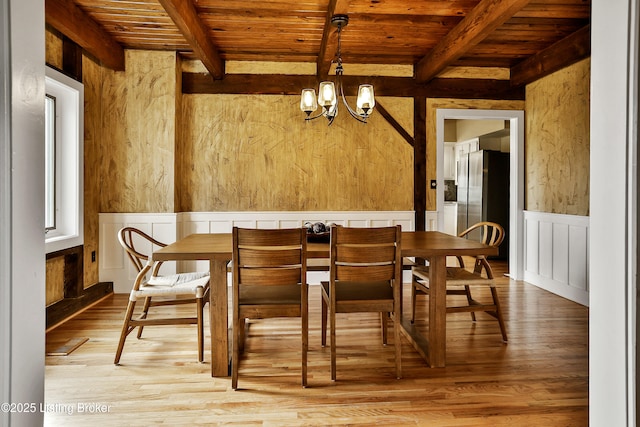1416 Taylor Wood Rd, Simpsonville, KY 40067 - dining space with a wood ceiling with exposed beams, a chandelier, light wood finished floors, a wainscoted wall, and a decorative wall
