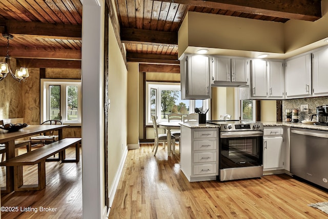1416 Taylor Wood Rd, Simpsonville, KY 40067 - kitchen with appliances with stainless steel finishes, a wood ceiling with exposed beams, light wood-style flooring, backsplash, and light stone countertops