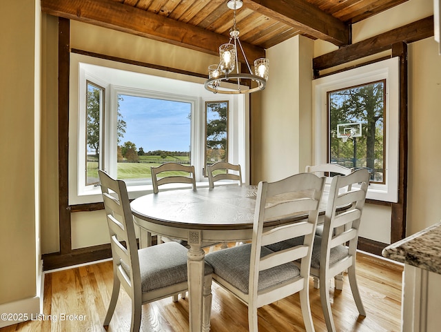 1416 Taylor Wood Rd, Simpsonville, KY 40067 - dining room featuring a chandelier, a wood ceiling with exposed beams, and light wood-style flooring