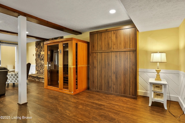 1416 Taylor Wood Rd, Simpsonville, KY 40067 - living room featuring a textured ceiling, wood finished floors, wainscoting, beamed ceiling, and recessed lighting