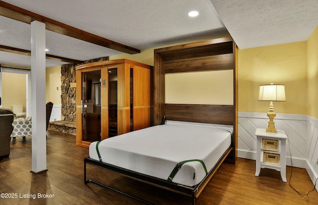 1416 Taylor Wood Rd, Simpsonville, KY 40067 - bedroom with a textured ceiling, wood finished floors, a wainscoted wall, beam ceiling, and recessed lighting